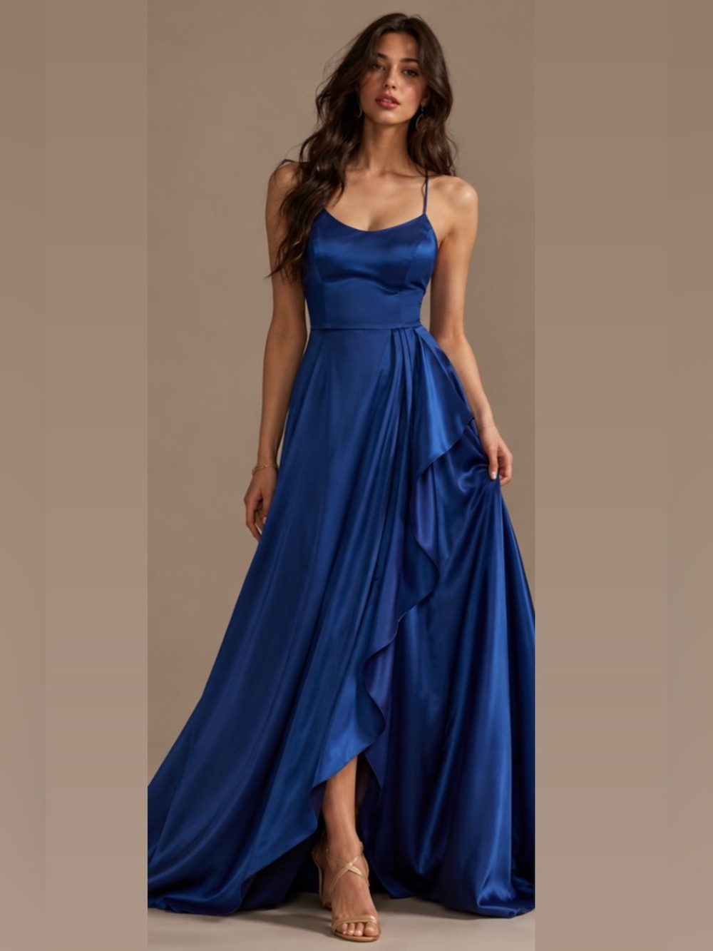 Elegant Royal Blue Satin Maxi Dress with Ruffle Detail